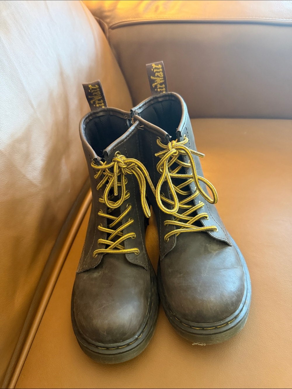 Dr. Martens Brown Leather Boots with Yellow Laces